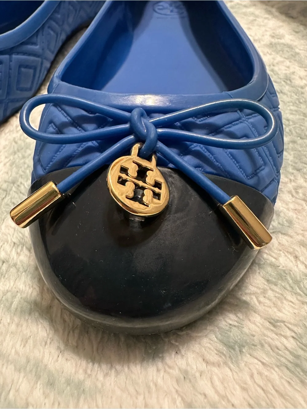 Tory Burch Royal Blue Ballet Flats with Black Cap-Toe and Gold Logo
